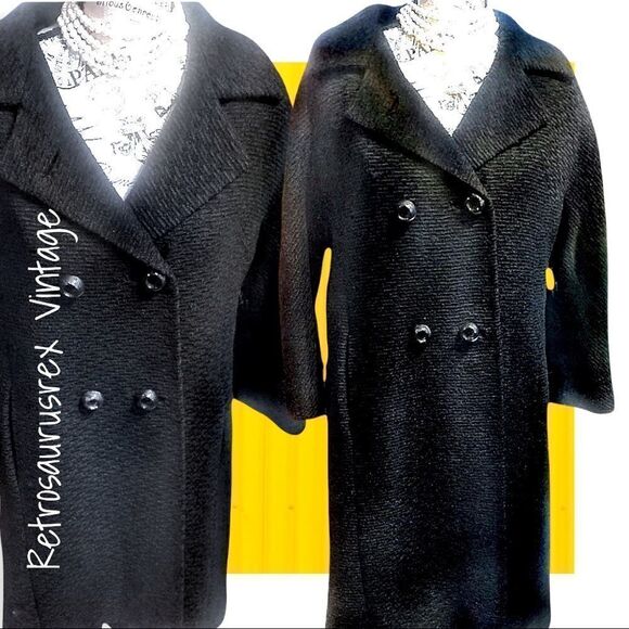 𝅺vintage 1950’s BlackTextured  Bouclè Wool Pin Up Swing Style Peacoat, Large - Picture 1 of 5